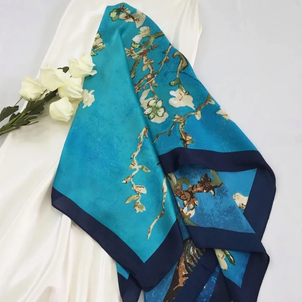 Silk like Blue White Flowers Print Head Scarf 35